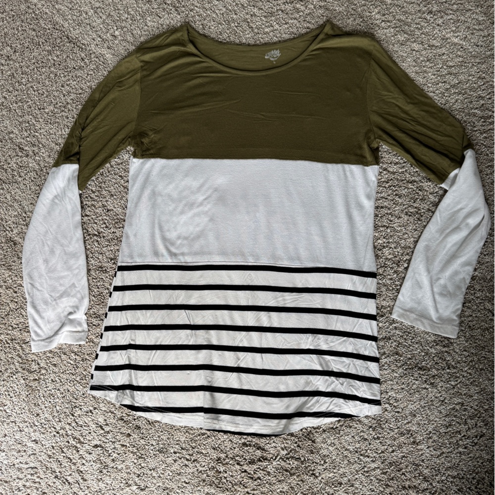 Olive and White Striped Long Sleeve Top size L
